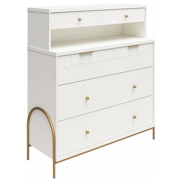 Contemporary Dresser, 4 Storage Drawers & Unique Scalloped Details, Creamy White