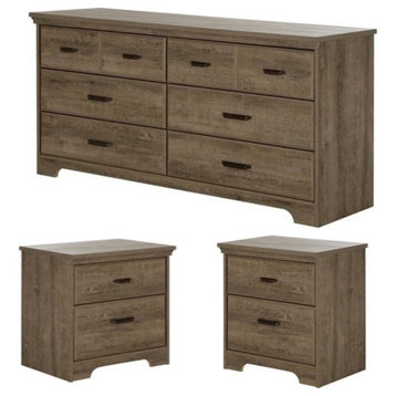 3 Pieces Wood Dresser and 2 Nightstands Bedroom Set in Oak & Antique Handles