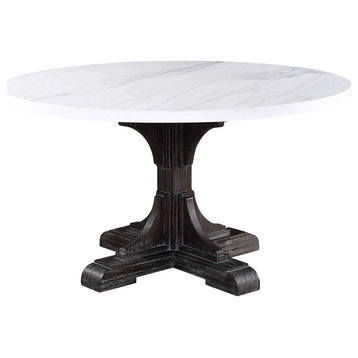 Elegant Dining Table, Weathered Espresso Pedestal Base With White Marble Top