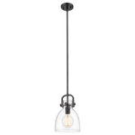 Innovations Lighting - Innovations 412-1S-BK-8CL 1-Light Mini Pendant, Matte Black - Innovations 412-1S-BK-8CL 1-Light Mini Pendant Matte Black. Collection: Newton. Style: Restoration. Metal Finish: Matte Black. Metal Finish (Canopy/Backplate): Matte Black. Material: Steel, Cast Brass, Glass. Dimension(in): 11. 375(H) x 8(W) x 8(Dia). Min/Max Height (Fixture Height with Cord or Included Stems and Canopy)(in): 20. 375/44. 375. Wire/Cord: 10 Feet of Wire. Bulb: (1)60W Medium Base,Dimmable(Not Included). Maximum Wattage Per Socket: 100. Voltage: 120. Color Temperature (Kelvin): 2200. CRI: 99. 9. Lumens: 220. Glass Shade Description: Clear Newton Bell. Glass or Metal Shade Color: Clear. Shade Material: Glass. Glass Type: Transparent. Shade Shape: Dome. Shade Dimension(in): 8(W) x 10. 5(H). Canopy Dimension(in): 4. 5(Dia) x 0. 75(H). Sloped Ceiling Compatible: Yes. California Proposition 65 Warning Required: Yes. UL and ETL Certification: Damp Location.
