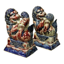 Pair Chinese Red White Blue Porcelain Foo Dog Figures cs2370 - Decorative Objects And Figurines
