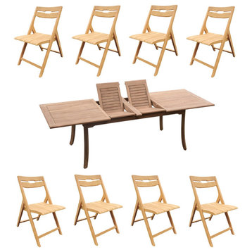 9-Piece Outdoor Teak Dining Set: 117" Rectangle Table,8 Surf Folding Arm Chairs