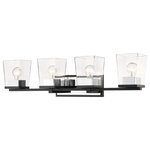 Z-LITE - Z-LITE 475-4V-MB-CH 4 Light Vanity, Matte Black + Chrome - Z-LITE 475-4V-MB-CH 4 Light Vanity,Matte Black + ChromeWith a sleek cosmopolitan attitude and a beautiful blend of glass and metal, this four-light vanity offers a sophisticated way to stylize a contemporary master or guest bath space. Matte Black and brilliant Chrome serve as stunning finishes for a tasteful fixture delivering a geometric silhouette that frames compact vanities in style. Bleeker Street�s stylish design complements a variety of decors with its sleek lines and bold glass shape. The accent back plate and the square base luminaire holder add to its beauty. Available in three combined finishes, Matte Black + Brushed Nickel, Matte Black + Chrome, or Matte Black + Olde Brass.Style: Transitional, Craftsman, Industrial, Restoration, ModernFrame Finish: Matte Black + ChromeCollection: Bleeker StreetShade Finish/Color: ClearFrame Material: SteelShade Material: GlassActual Weight(lbs): 13Dimension(in): 33(W) x 7.5(H) x 6.5(L)Bulb: (4)100W Medium Base(Not Included),DimmableVanity/Sconce Dual Mount (up and Down): YesUL Classification: CUL/cETLuUL Application: Damp