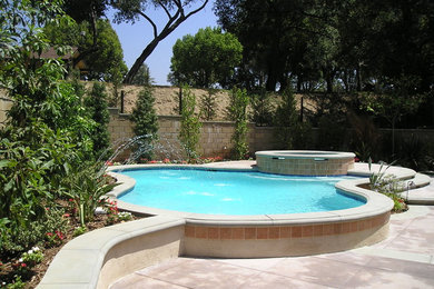 Large transitional backyard stone and custom-shaped lap hot tub photo in Los Angeles