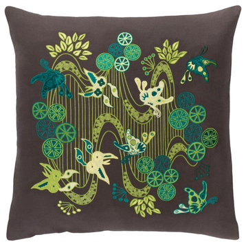 Chinese River by Emma Gardner Pillow, Black/Lime/Teal, 22' x 22'