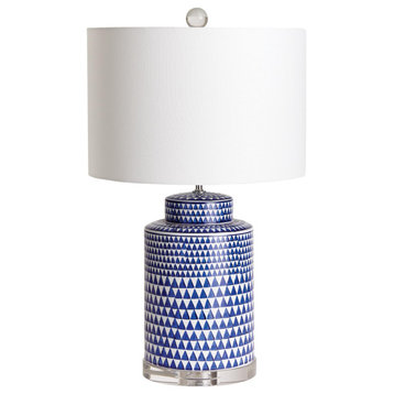 Luxe Classic Blue White Ginger Jar Table Lamp Coastal Round Urn Triangle Graphic