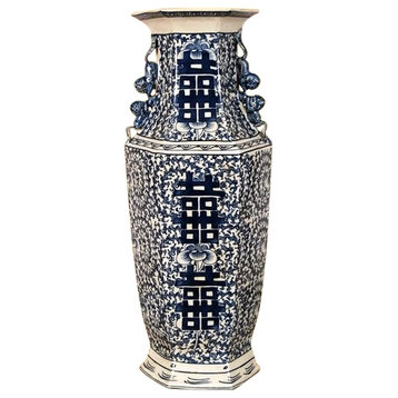 Hexagonal Oriental Blue and White Double Happiness Porcelain Vase 24"