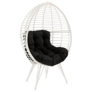 Patio Lounge Chair, Black Fabric, White Wicker