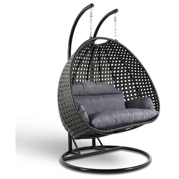 LeisureMod Charcoal Wicker Hanging 2 person Egg Swing Chair - Charcoal Blue