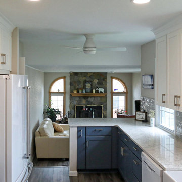 Two-Tone White & Blue Kitchen with Smoke Stained Quartz Countertops