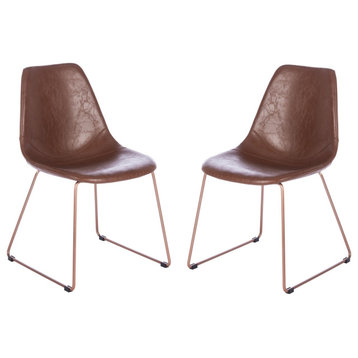 2 Pack Dining Chair, Armless Design With Curved Vegan Leather Seat, Light Brown