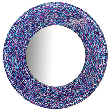 24" Silver Round Mosaic Wall Mirror, Shiny Silver Decorative Glass Wall Mirror, Blue/Purple