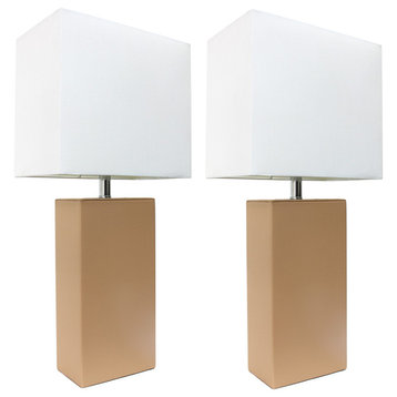 2-Pack Modern Leather Table Lamps With White Fabric Shades, Beige