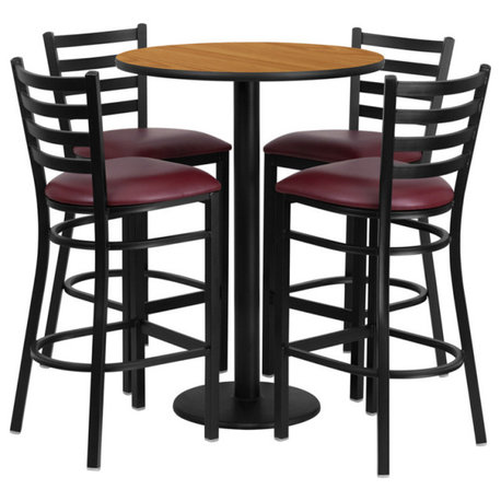 30'' Natural Laminate Table Set, Base, 4 Metal Barstools-Burgundy Vinyl Seat