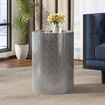 Rache Modern Round Accent Table With Hammered Iron, Silver