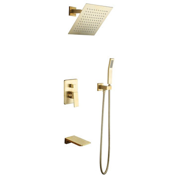 Wall Mount 10" Rainshower Hand Shower and Tub Spout Shower System, Brushed Gold