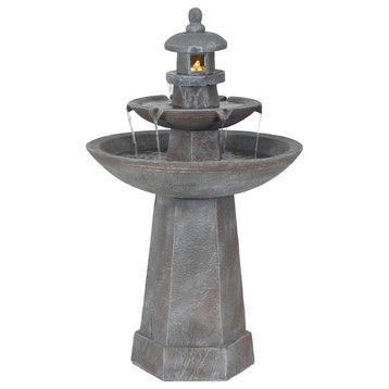 Sunnydaze 2-Tiered Pagoda Outdoor Water Fountain With LED Light, 40"