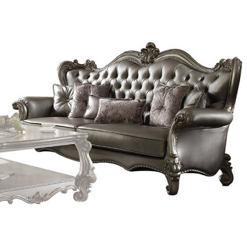 ACME Versailles Sofa with 6 Pillows, Silver PU and Antique Platinum