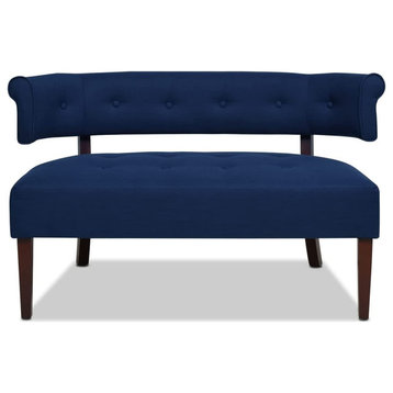 Comfortable Upholstered Bench, Button Tufted Seat and Curved Back, Midnight Blue