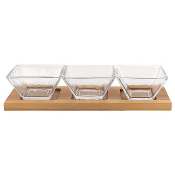Hostess With 3 Glass Condiment on a Wood Tray, 4-Piece Set