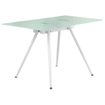 Contemporary Desk, Elegant Design With Metal Legs & Square Glass Top, White