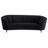 Contemporary Sofa, Velvet Seat With Curved Silhouette & Channeled Back, Black