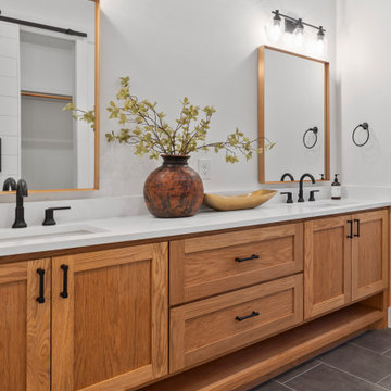 Modern Lakeside Farmhouse Master Bath with Double Vanity and Wood Cabinetry