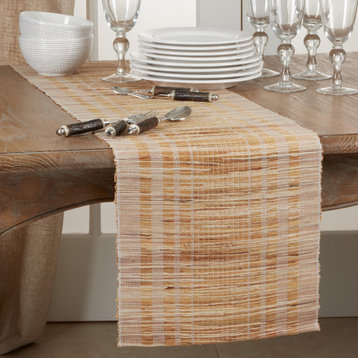 Water Hyacinth Table Runner With Striped Design, White