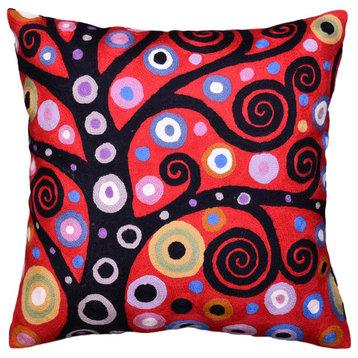 Red Klimt Tree of Life Pillow Cover Red Throw Pillow Hand-Embroidered Wool 18x18
