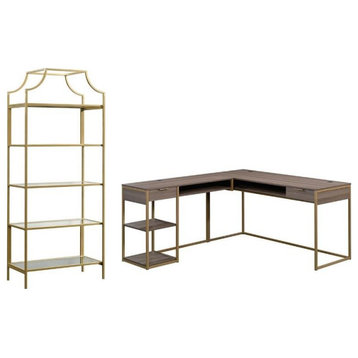 2 Piece Metal Desk and 5-Shelf Bookcase Set in Diamond Ash and Gold