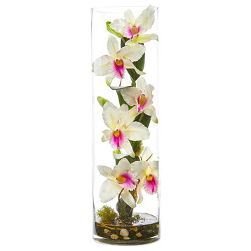 20" Cattleya Orchid Artificial Floral Arrangement, Cylinder Vase, White