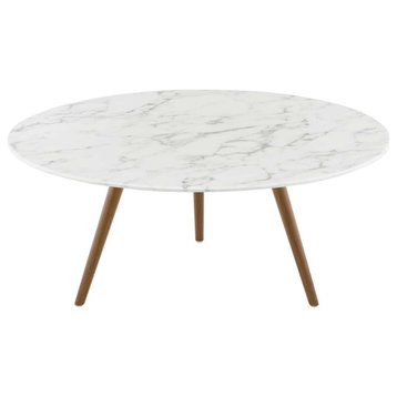 Modern Round Coffee Table, Artificial Marble Stone Metal, White Natural Walnut