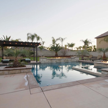Spanish Transitional Resort Pool with Fire Features & Timber Trellis
