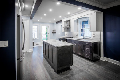 Example of a mid-sized transitional medium tone wood floor and gray floor kitchen design in Detroit with an undermount sink, shaker cabinets, dark wood cabinets, quartz countertops, blue backsplash, ceramic backsplash, stainless steel appliances and an island