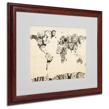 'Old Clocks World Map' Matted Framed Canvas Art by Michael Tompsett