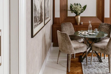 Photo of a large traditional separate dining room in Milan with porcelain floors, white floor and brown walls.