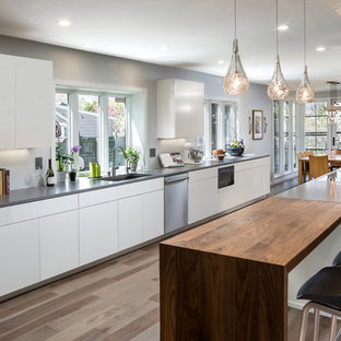 Large scandinavian kitchen pantry ideas - Example of a large danish galley light wood floor kitchen pantry design in Milwaukee with a double-bowl sink, flat-panel cabinets, white cabinets, quartz countertops, green backsplash, subway tile backsplash, stainless steel appliances and a peninsula
