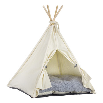 Pet Teepee Portable Dog & Cat Bed with Cushion, Beige
