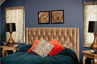 Inspiration for a master bedroom remodel in New York with blue walls