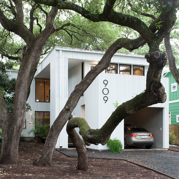 Barcode House Exterior with Live Oaks