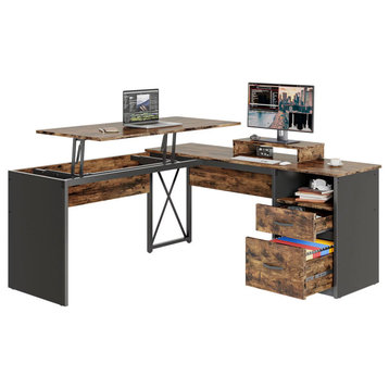 L-Shaped Desk, Large Worktop With Monitor Stand & Lift Up Portion, Rustic Brown