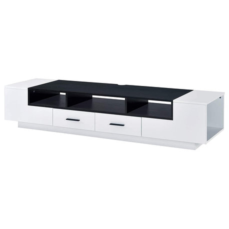 Modern TV Stand, Unique Design With Open Compartments and Drawers, White/Black