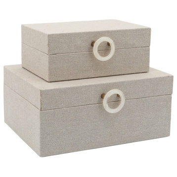Wood, S/2 7/9" Box With Ring Detail, Beige