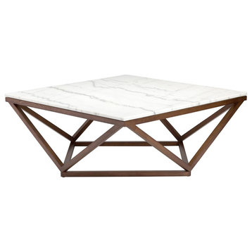 Jasmine Coffee Table, Modern Wooden Walnut, Square Marble Top, White