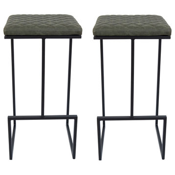 Quincy Quilted Stitched Leather Bar Stools, Metal Frame Set of 2, Olive Green