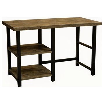 Industrial Desk, Metal Frame With Reclaimed Wooden Shelves & Worktop, Brown