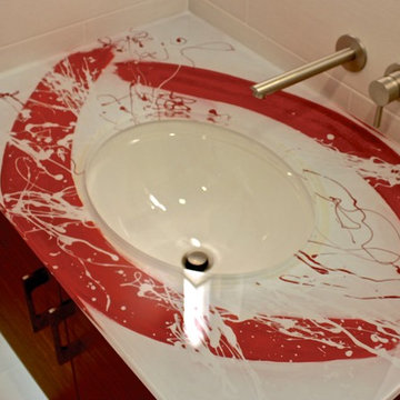 Abstract Expressionish Red Brushstroke Bathroom Sink. Cold Painted Red Brushstr