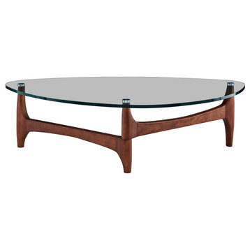 Ledell 51" Coffee Table, Clear Glass With Walnut Base