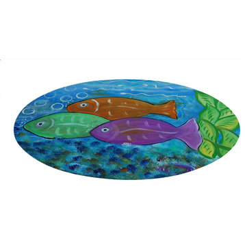 Sea life round chenille area rugs from my art. Approximately 60", Fish Bubbles,
