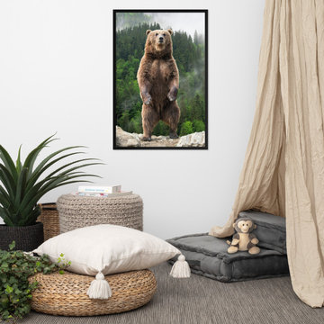 Big Standing Brown Bear on Mountain Top Rustic Farmhouse Style Wall Art Prints